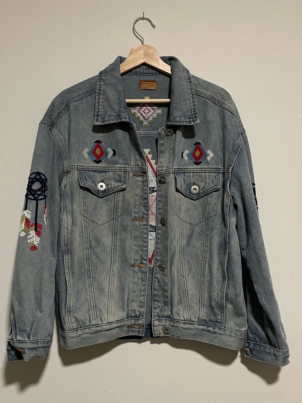 Pol Jean Jacket Multicolor Aztec Embroidered Native American Designs, Size M
